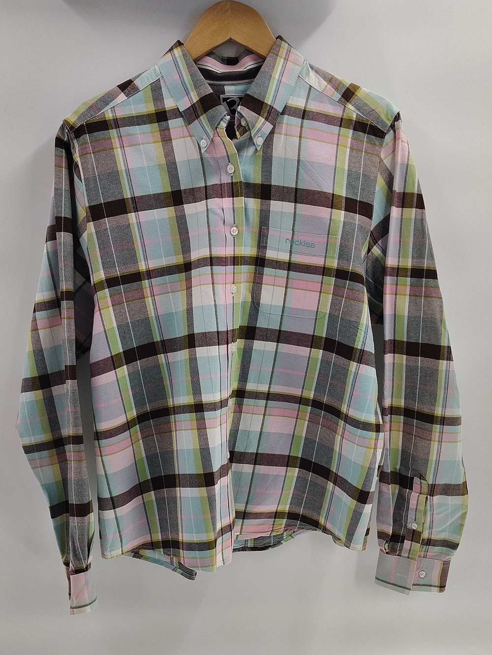 Rockies Plaid Shirt Womens XL Pastel Pink Green Brown Button Down Long Sleeve